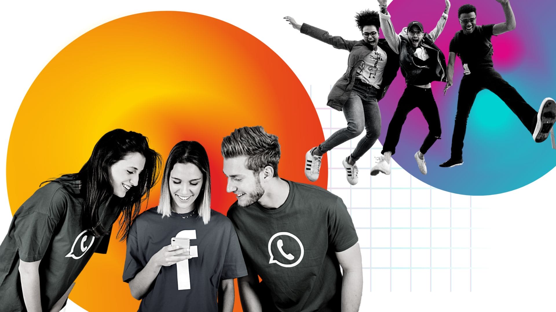 influencer marketers jumping in the air while other people engage with their social media posts