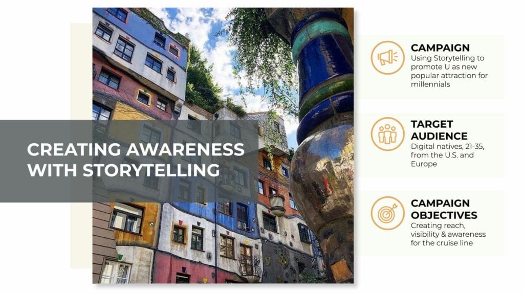 influencer story telling approach with colorful apartment building in foreign country