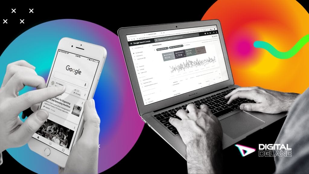 search engine marketing map typing on laptop while another person searches Google on their phone for something to buy