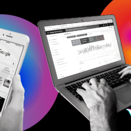 search engine marketing map typing on laptop while another person searches Google on their phone for something to buy