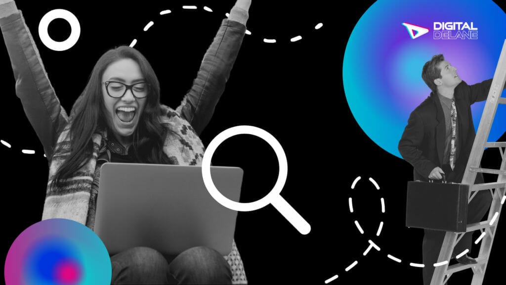 women working on laptop and cheering at the results she's seeing while a business man is next to her climbing up a ladder