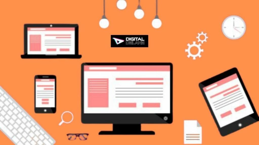 Digital delane digital marketing graphic with desktop computer, laptop, phone, tablet, and computer keyboard