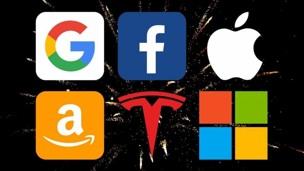 Googe, facebook, apple, amazon, tesla, and microsoft logos