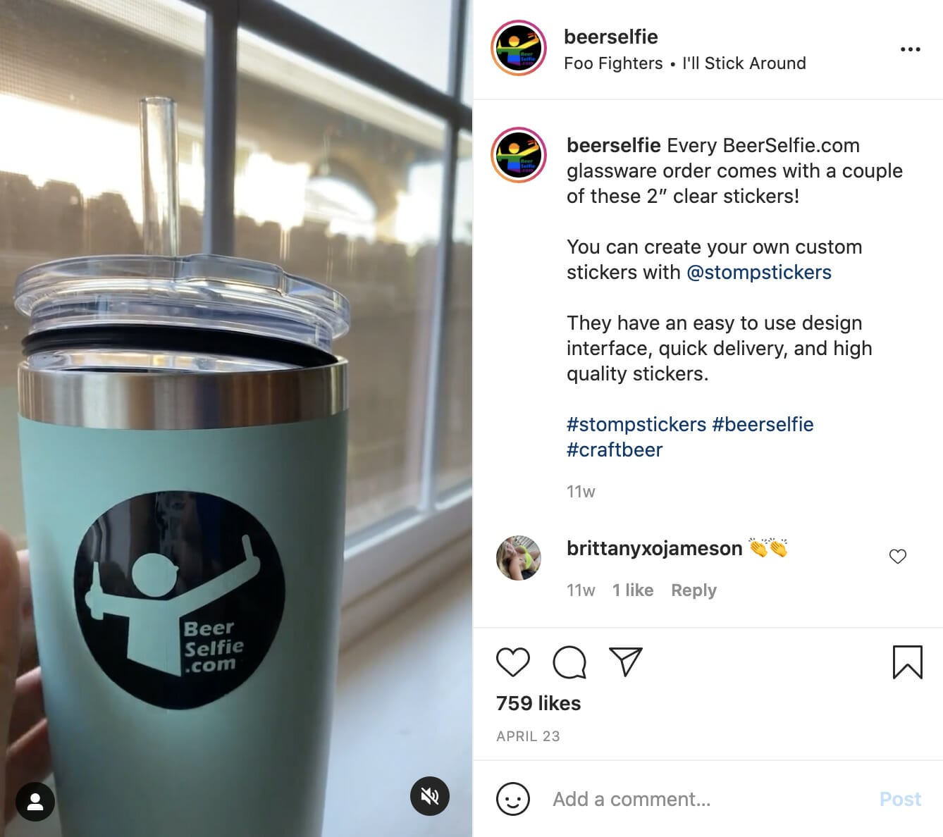 social media engagement on instagram using Stomp Stickers on a water bottle