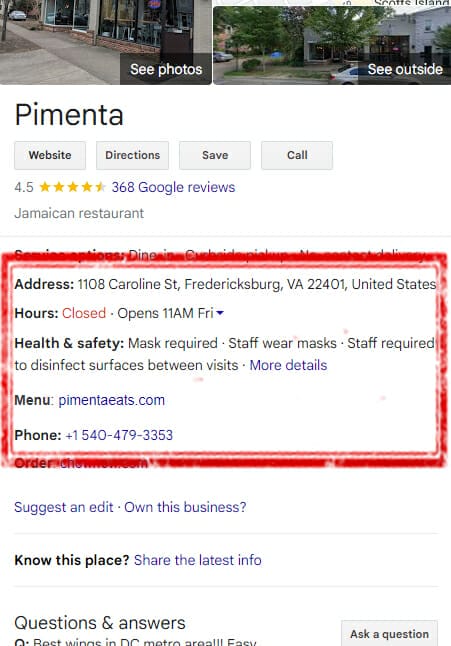 easy contact info through Google Business profile
