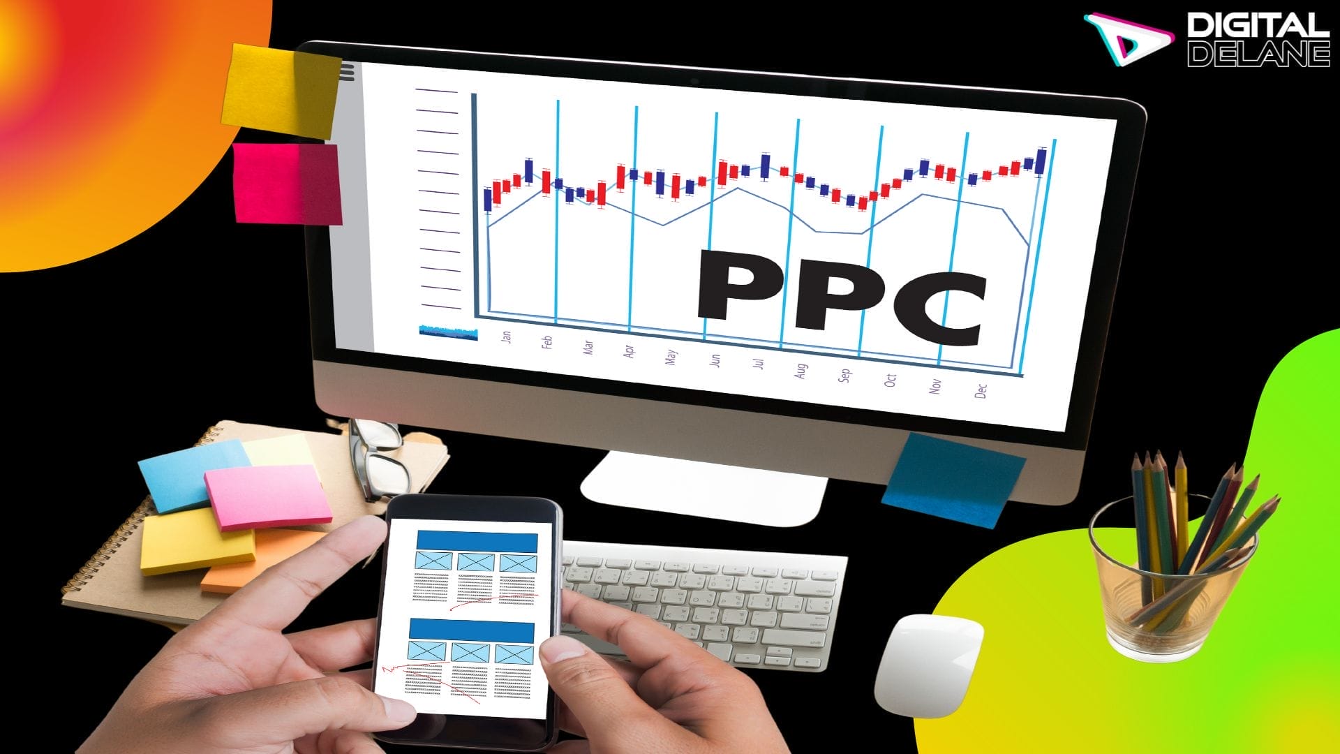 A person typing on a laptop with a PPC advertising dashboard on the screen, showing increased website traffic.