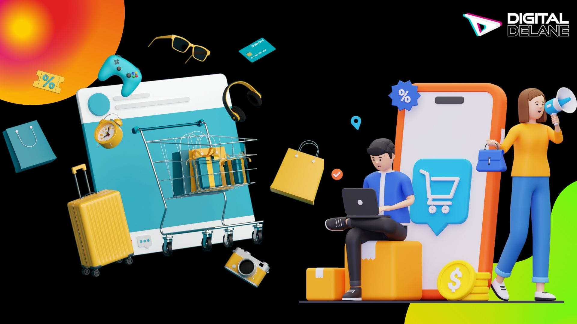 A laptop displaying an online store with various products, surrounded by icons representing digital marketing strategies.