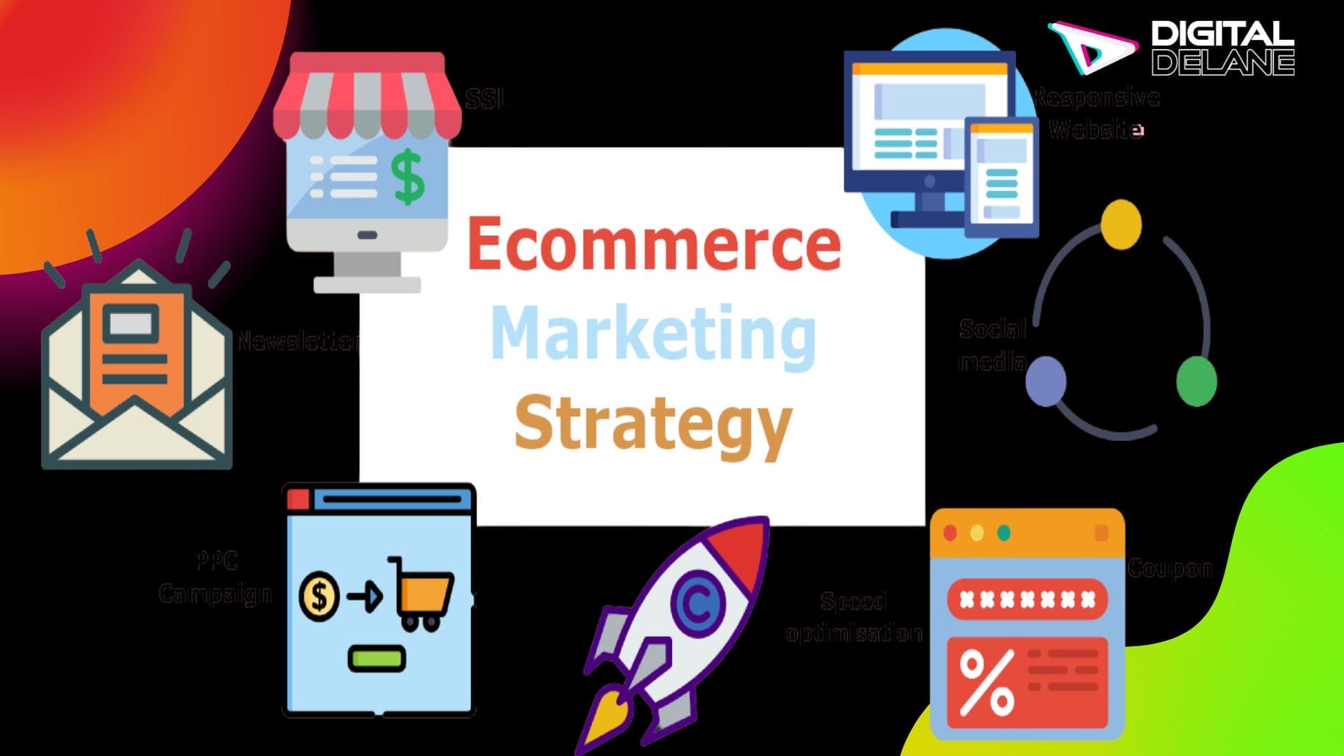 A graphic showing a laptop with various icons related to ecommerce marketing strategy, such as SEO, social media, and email campaigns.