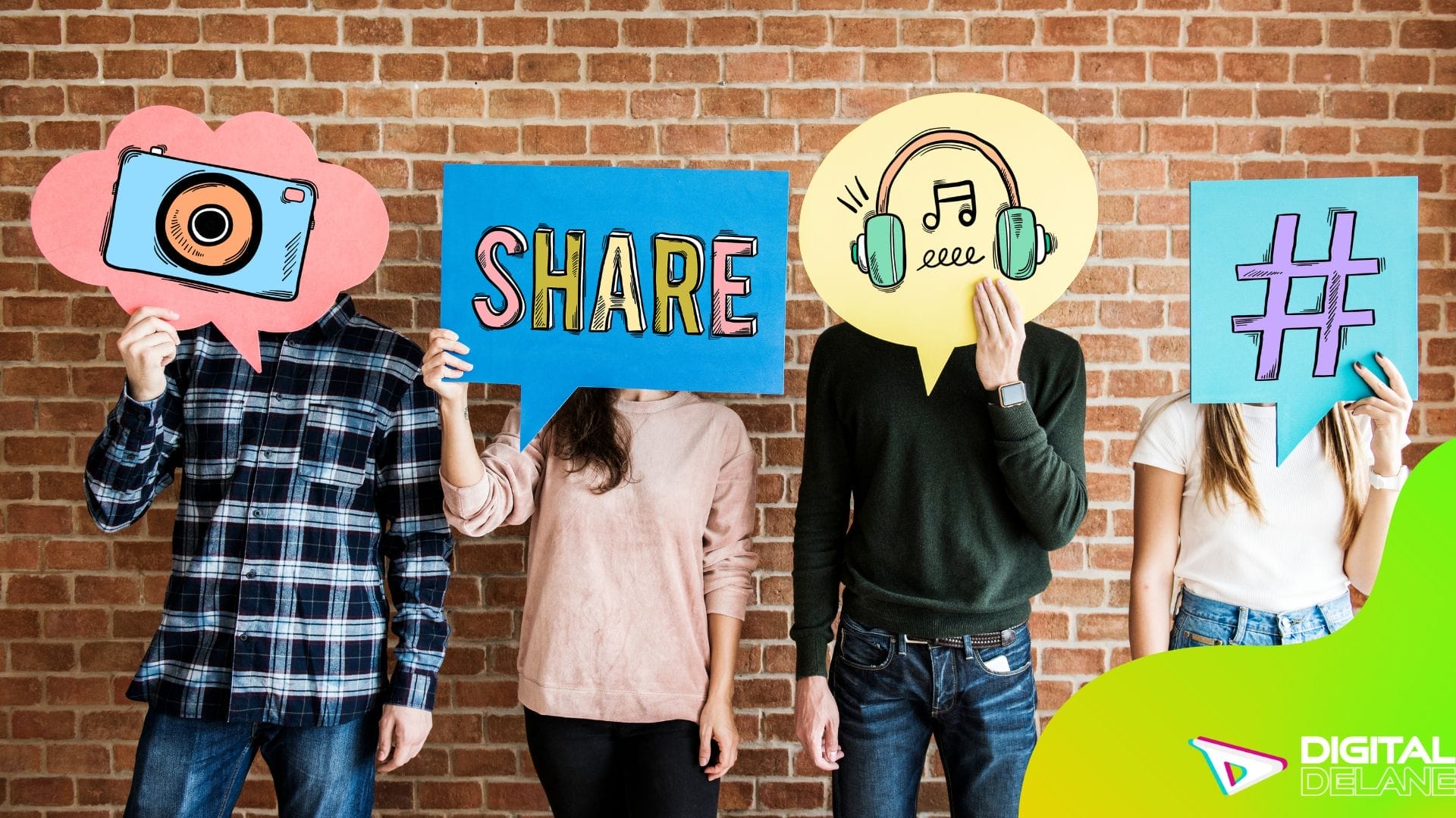 Four individuals standing together, each holding a sign that reads "Share," promoting a message of community and collaboration.