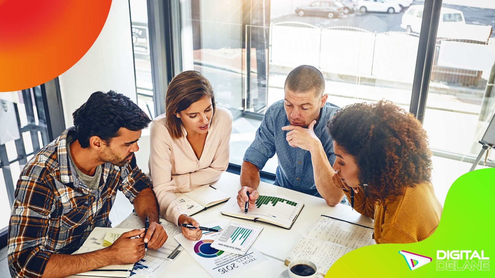 A modern digital marketing agency office in Dubai, showcasing a collaborative workspace with diverse professionals at work.