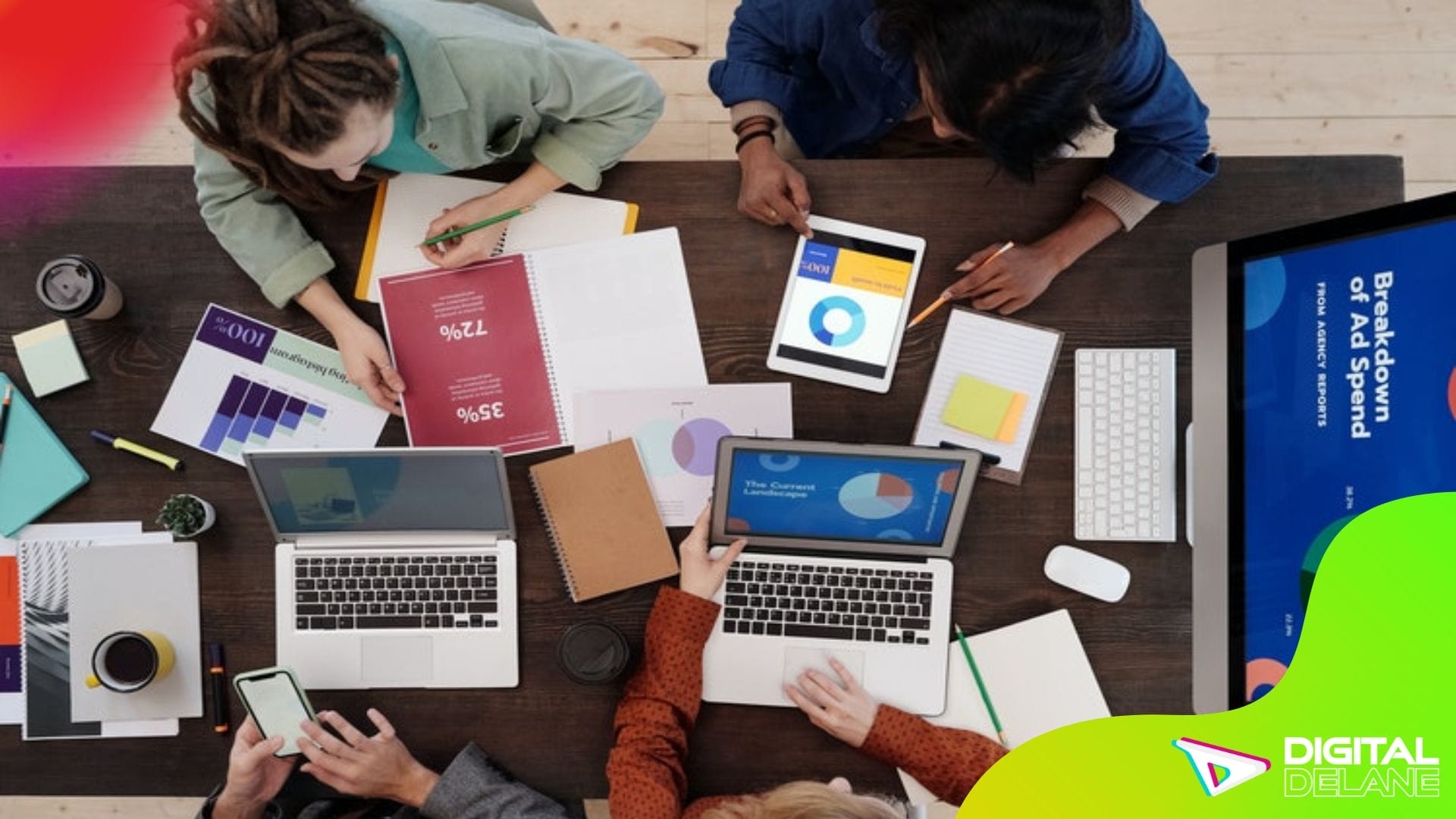 A modern digital marketing agency office in Dubai, showcasing a collaborative workspace with diverse professionals at work.
