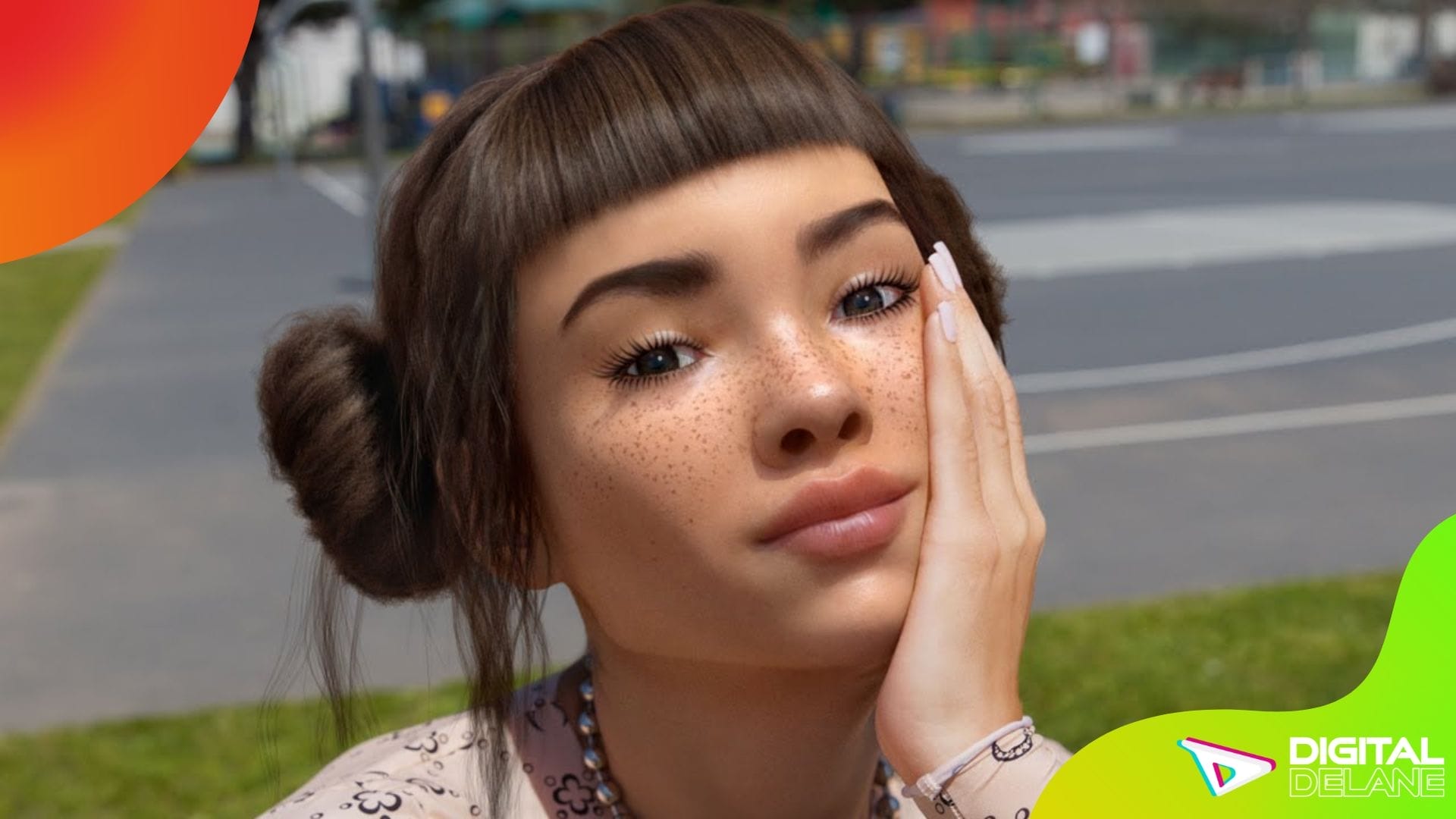 A girl with freckles smiles and poses for a photograph, showcasing her cheerful expression and youthful charm.