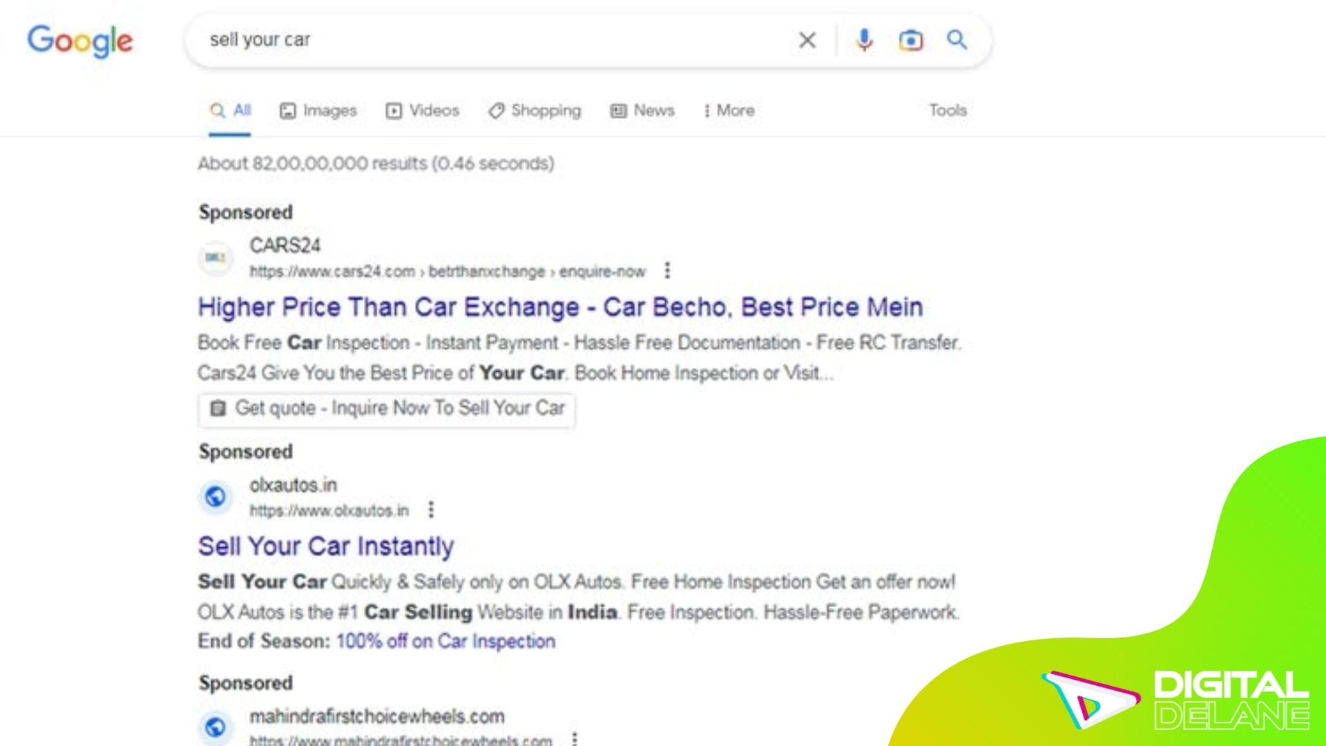 A Google search page displaying the search term "car" prominently in the search bar.