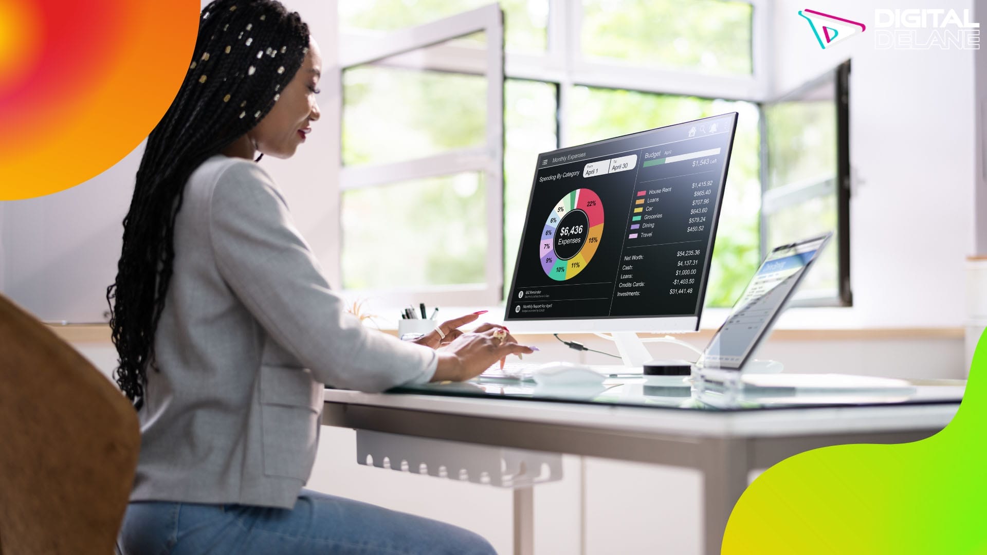 A woman focused on her computer, with the phrase "how to use a spreadsheet to improve your business" displayed on the screen.