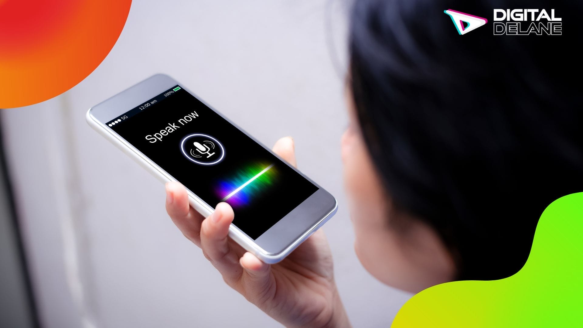 A woman displays her phone, showcasing the text "voice search" on the screen, emphasizing modern technology use.