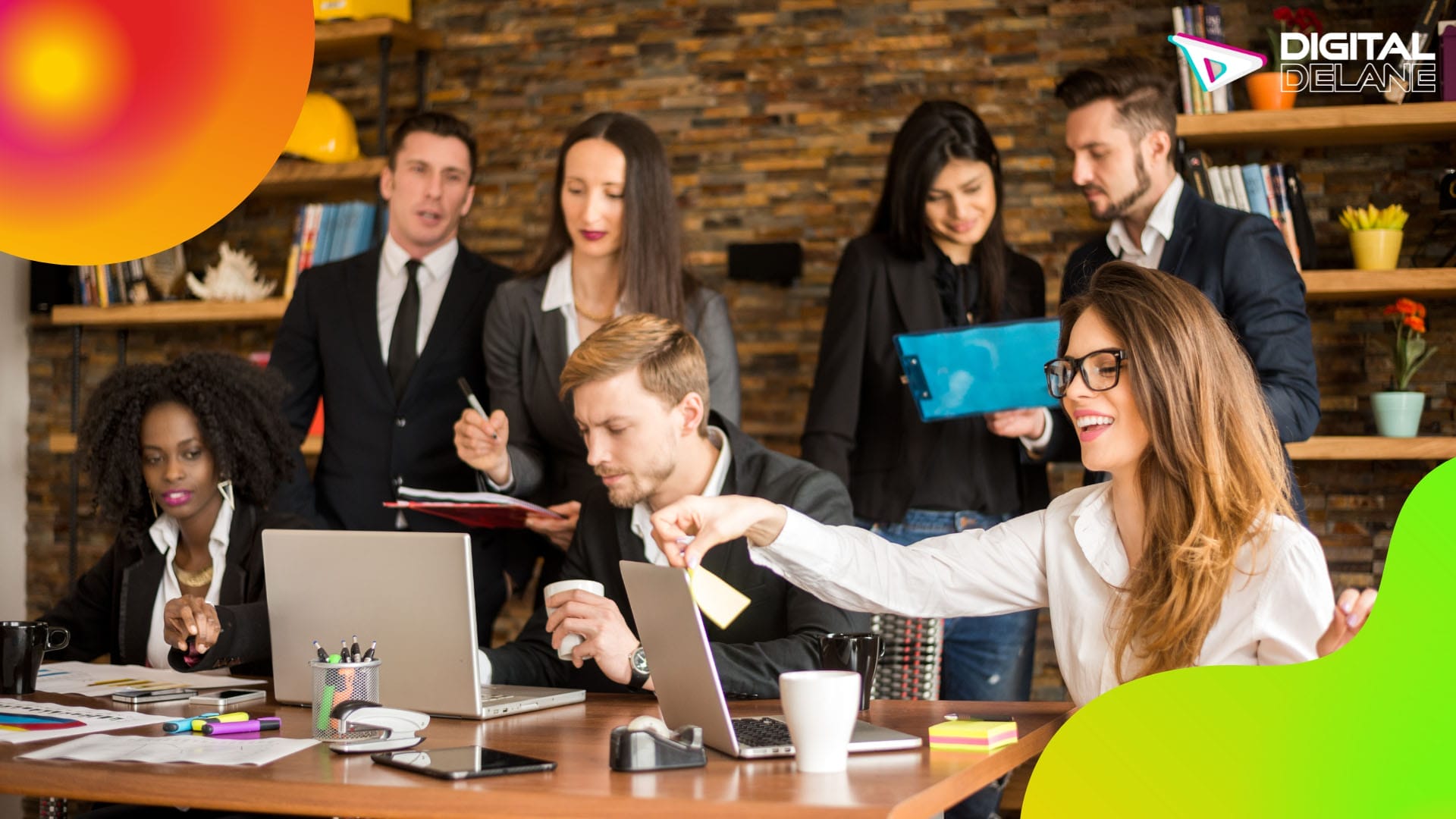 A diverse group of professionals collaborating in an office, with the phrase "digital marketing" prominently displayed.