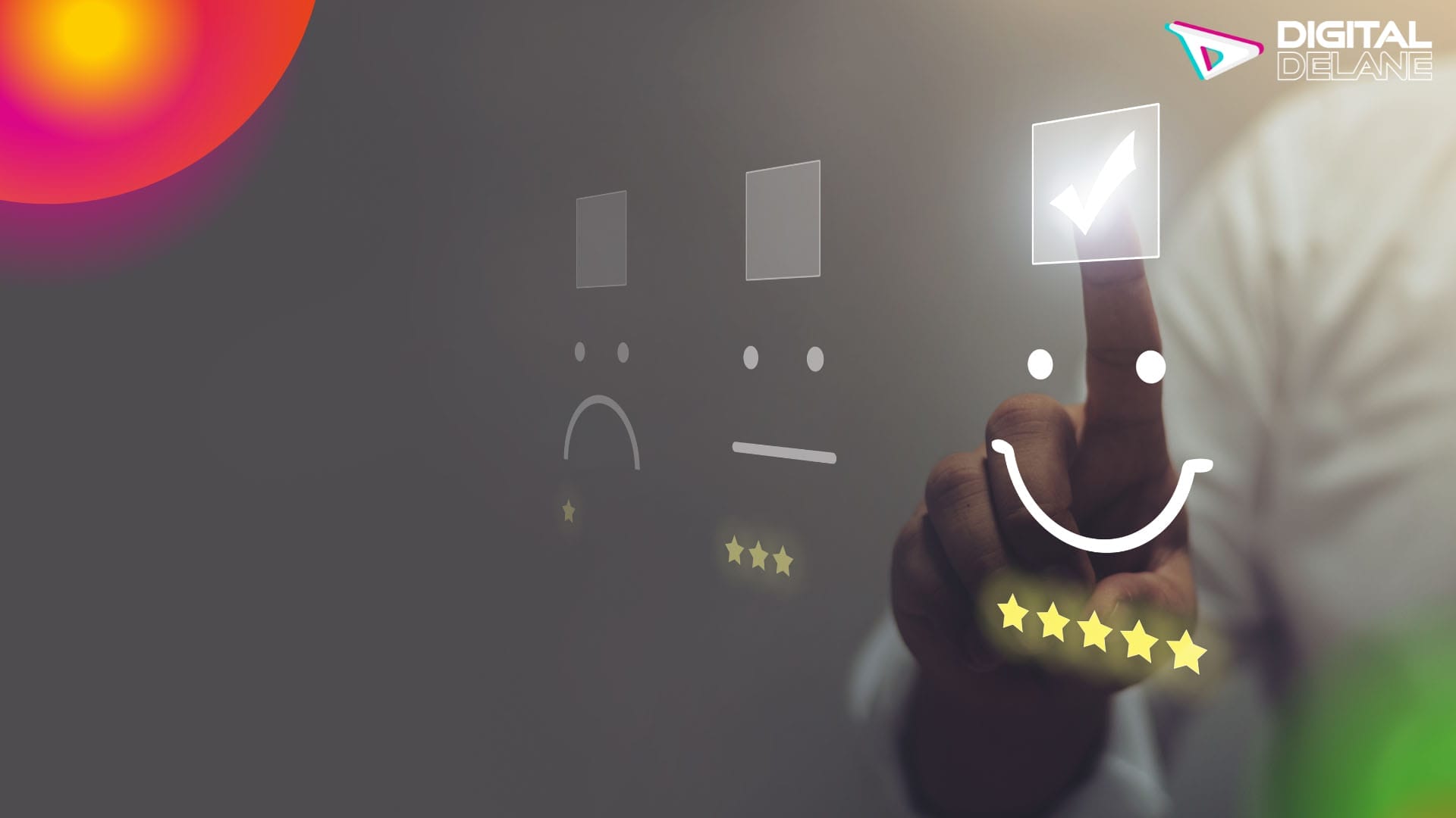 A person enthusiastically points at a screen displaying five stars and a smiley face, indicating positive feedback or satisfaction.