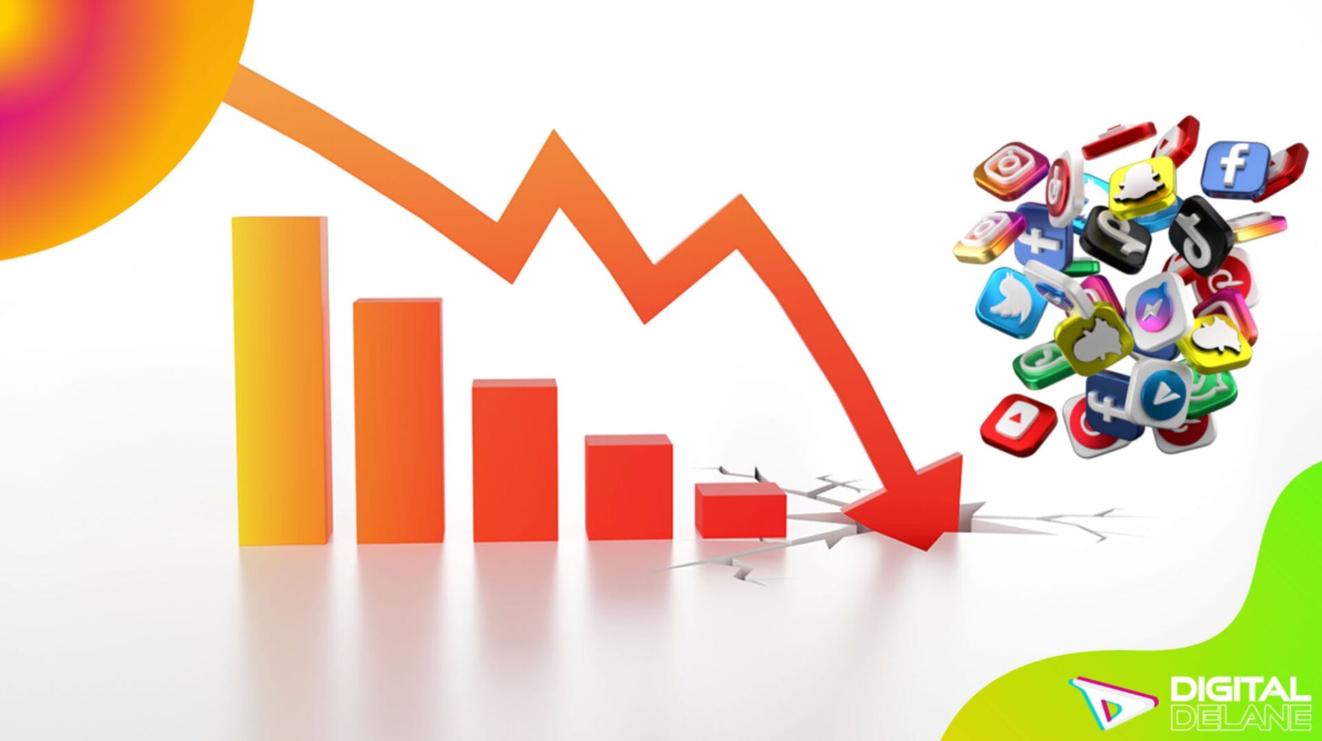 A graph depicting various apps declining, symbolizing falling engagement and click-through rates in social media advertising.