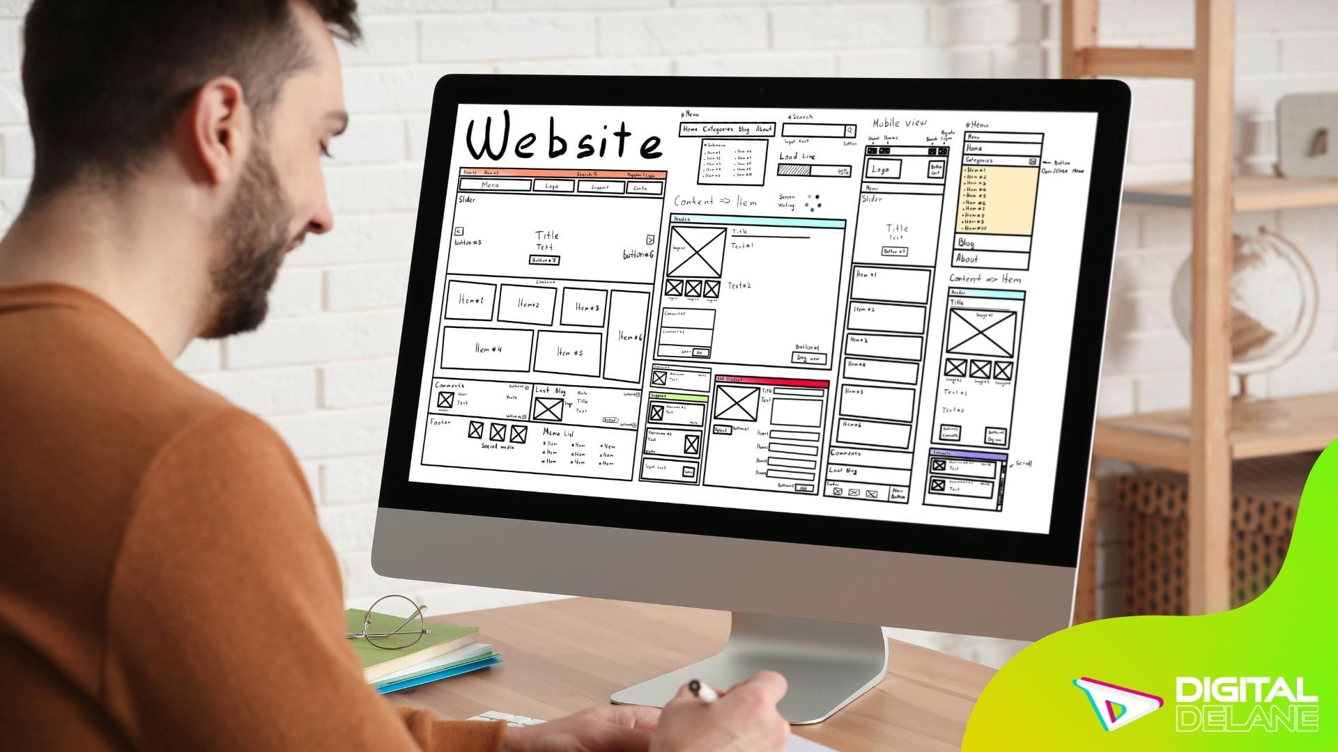 A beginner-friendly web design layout showcasing wireframes and mockups to enhance user experience and brand identity.