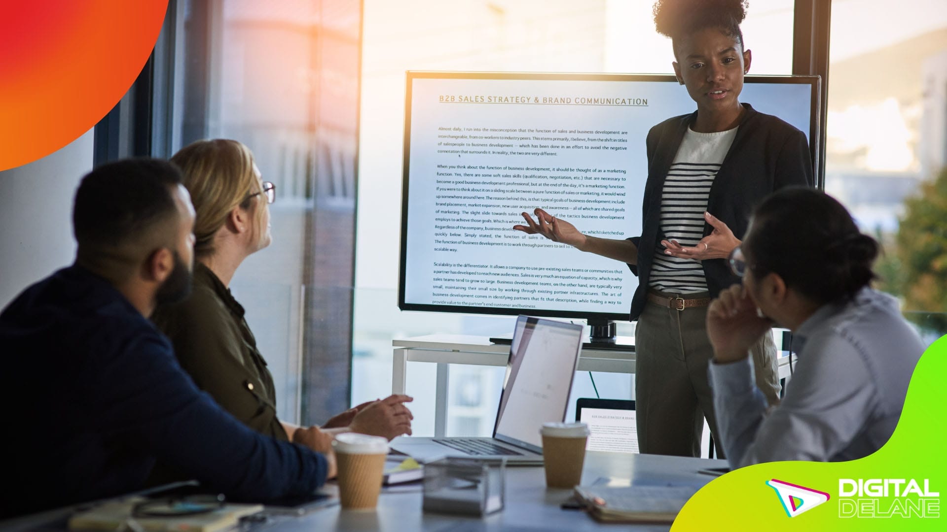 A diverse group of professionals engaged in a meeting, discussing digital marketing strategies and brand messaging consistency.