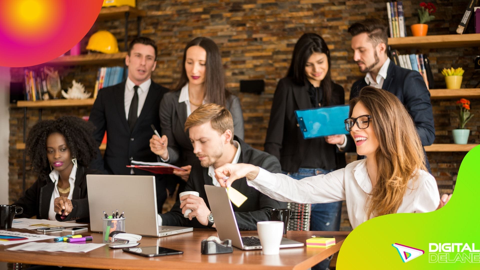 A diverse team collaborates in an office, showcasing the words "digital marketing agency" to highlight their expertise.