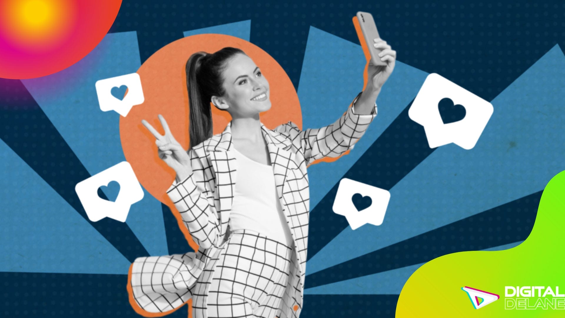 A woman takes a selfie with her phone, featuring social media icons, emphasizing the role of influencer marketing in social media.