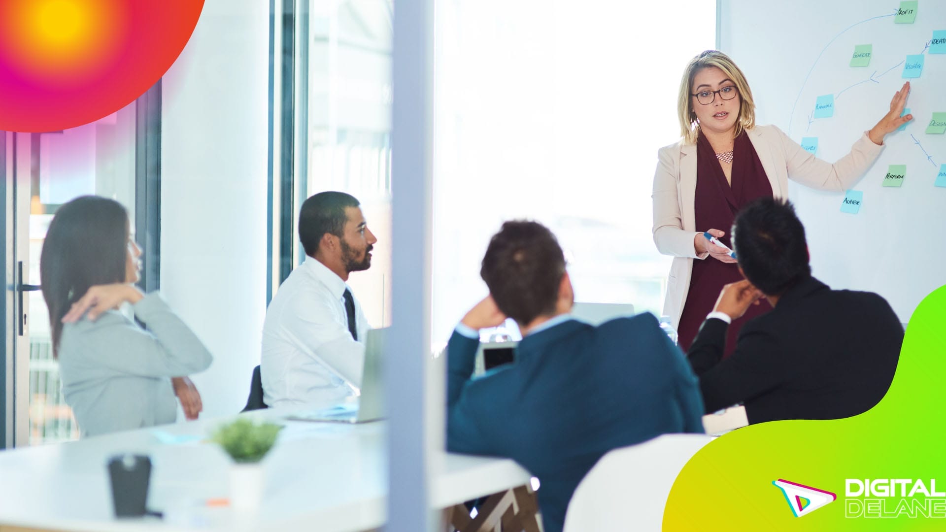 A woman presents on choosing the right email marketing agency in front of a whiteboard.