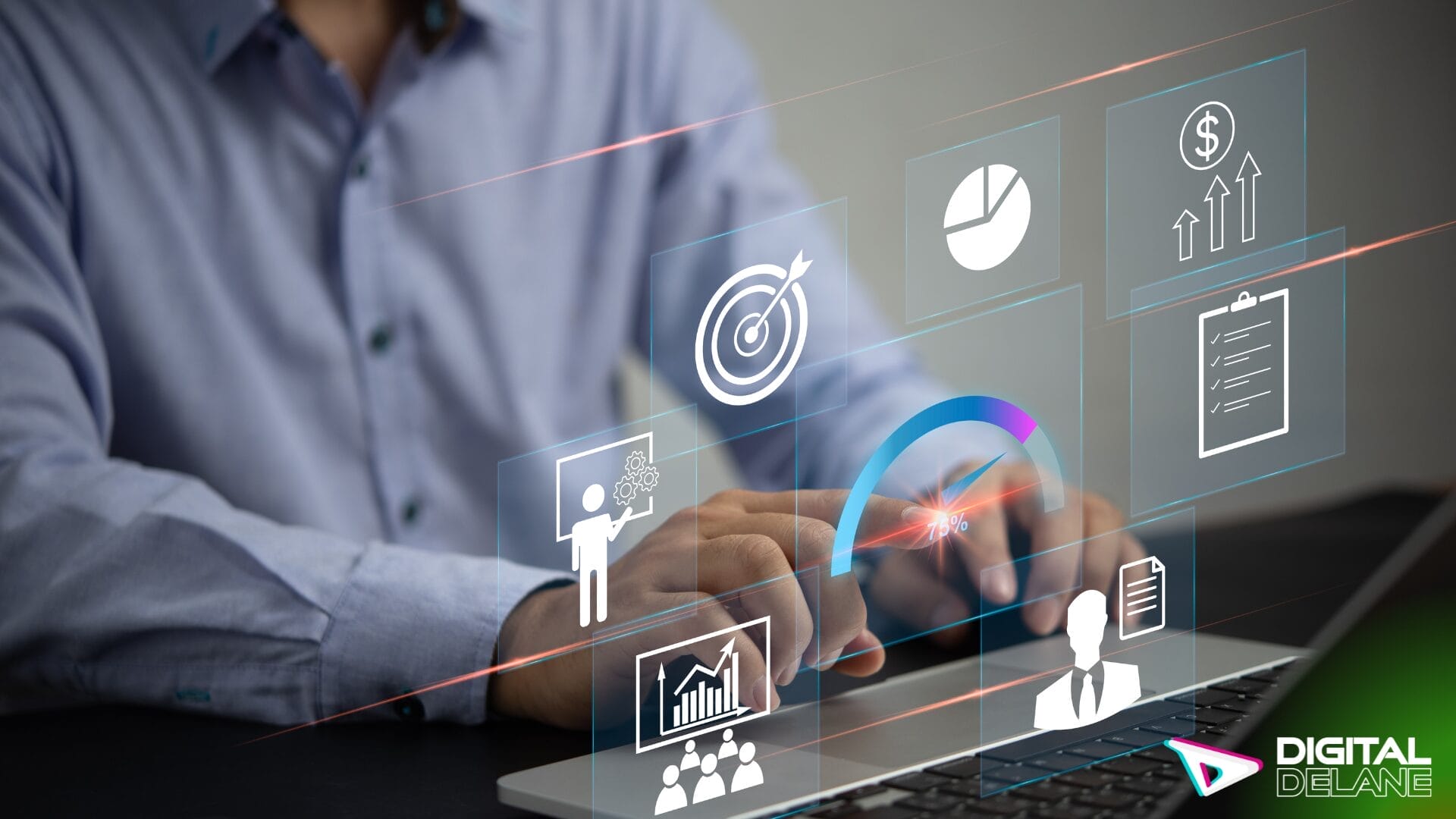 A man analyzes budget metrics on a laptop, surrounded by various analytical icons representing data insights.