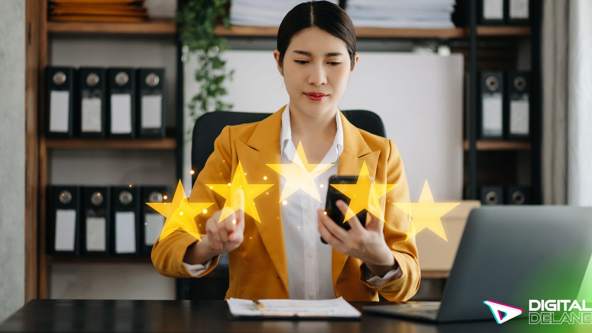 A businesswoman in a suit proudly displays five stars, symbolizing excellence and commitment to customer satisfaction.