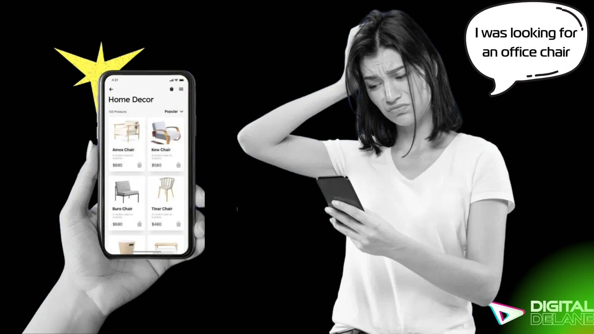 A woman gazes at her phone displaying the message, "I was looking for an office chair," reflecting her search for personalized options.
