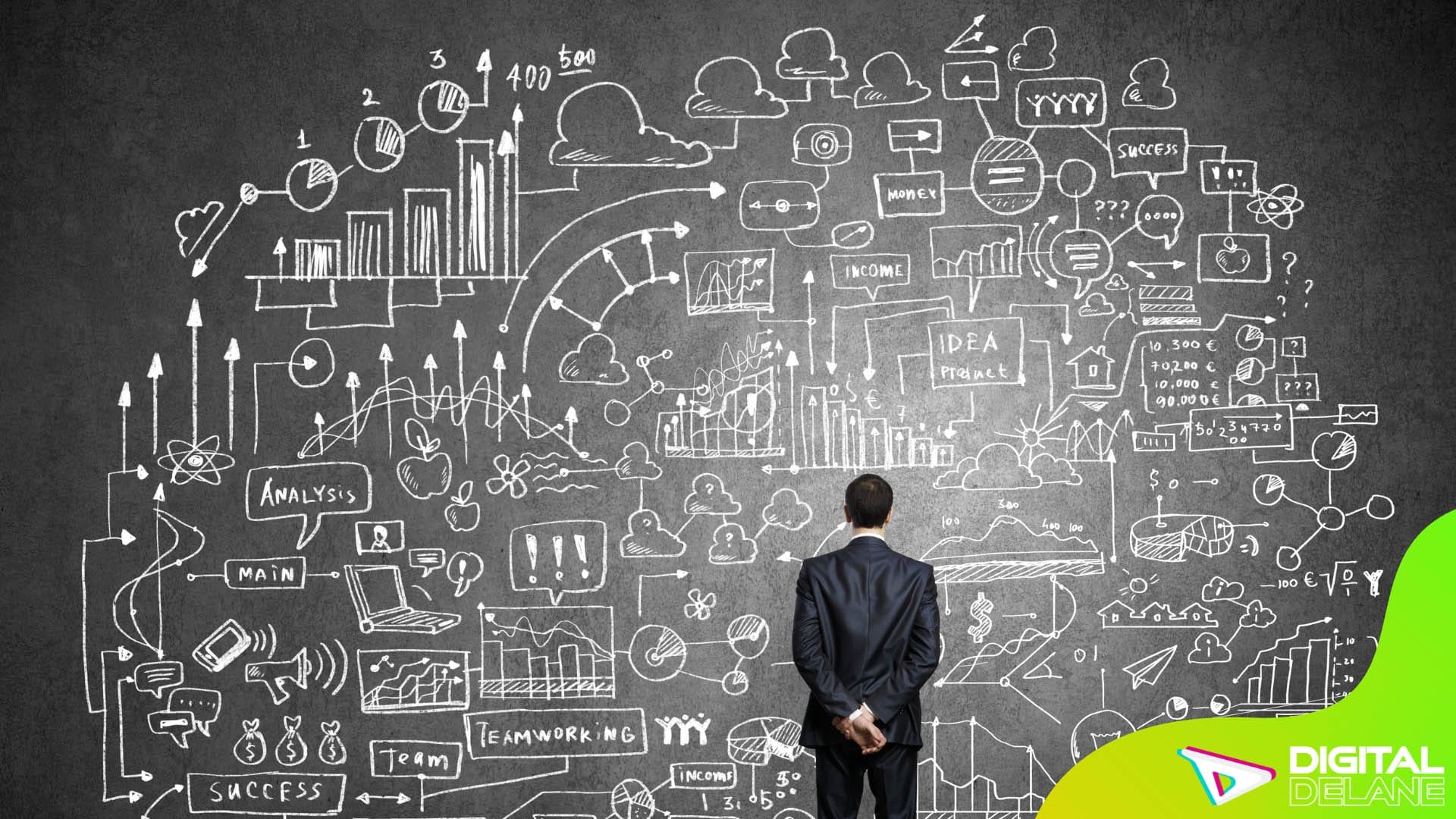 A businessman analyzes a blackboard filled with innovative business ideas, contemplating strategies for future growth.