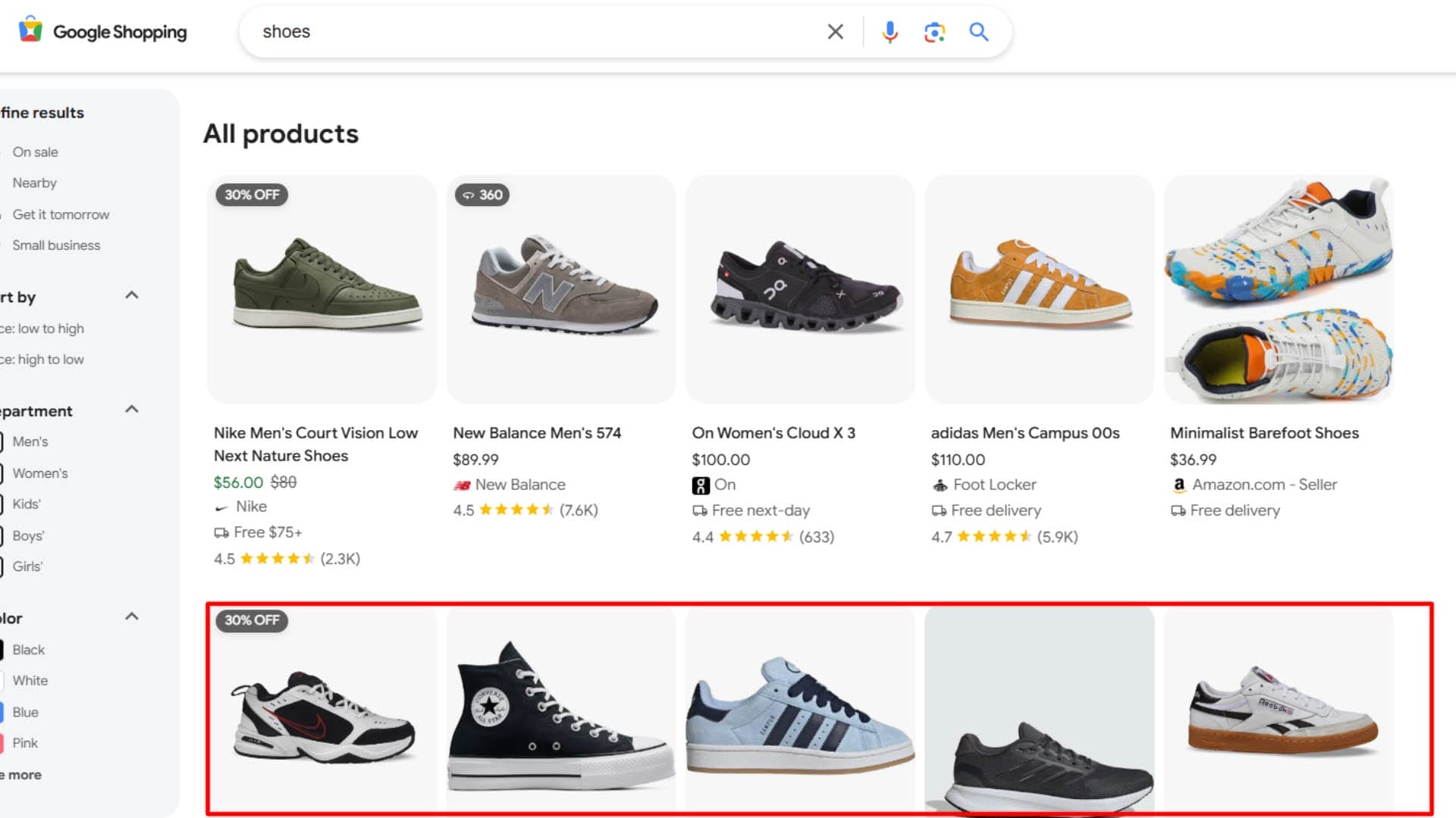 A webpage displaying various shoe styles, showcasing a range of options for shoppers to explore and select from.
