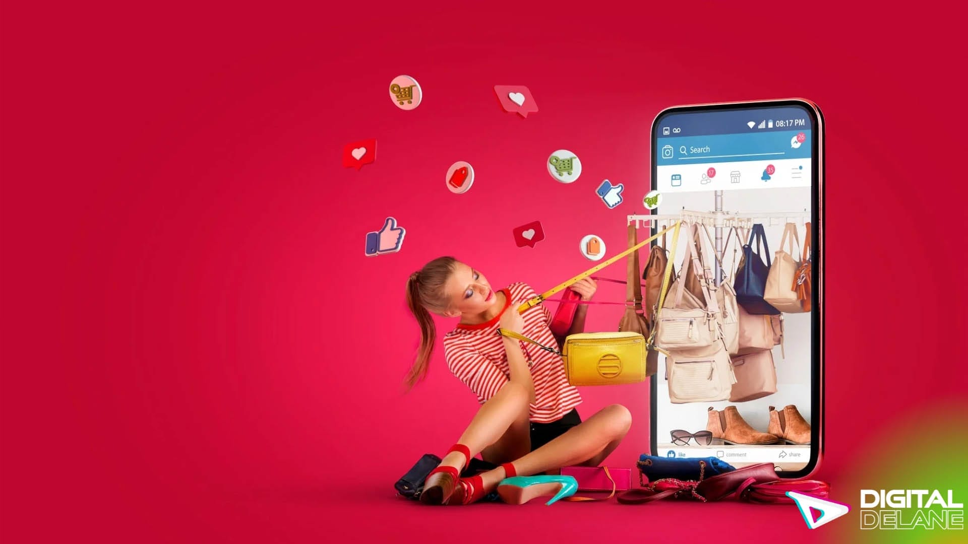 A woman sits against a red background, holding a phone and a shopping bag, embodying modern online shopping experiences.