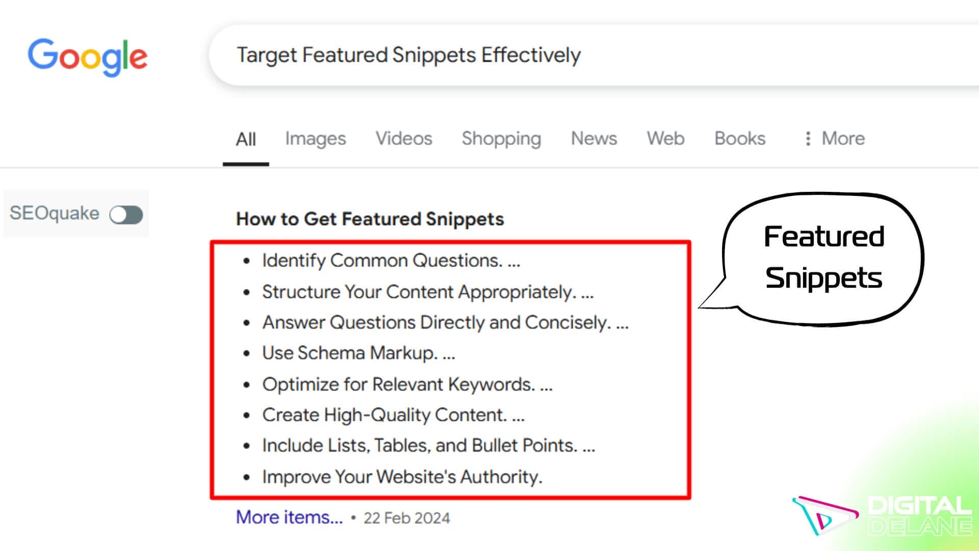 Image illustrating strategies for obtaining featured snippets in Google search results, including content structuring and formatting tips.