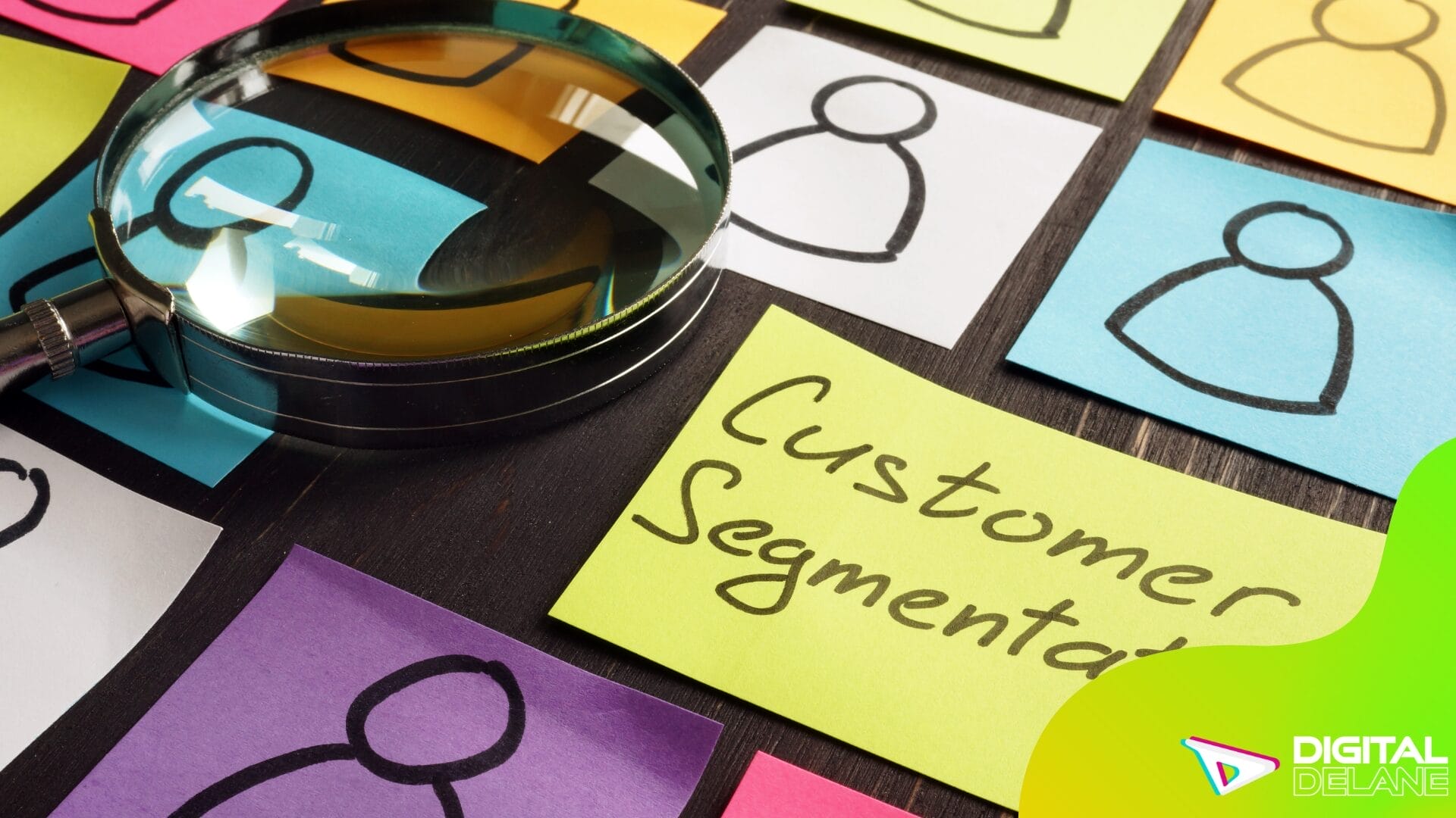 Customer segmentation illustrated with a magnifying glass, emphasizing targeted marketing strategies for improved engagement.